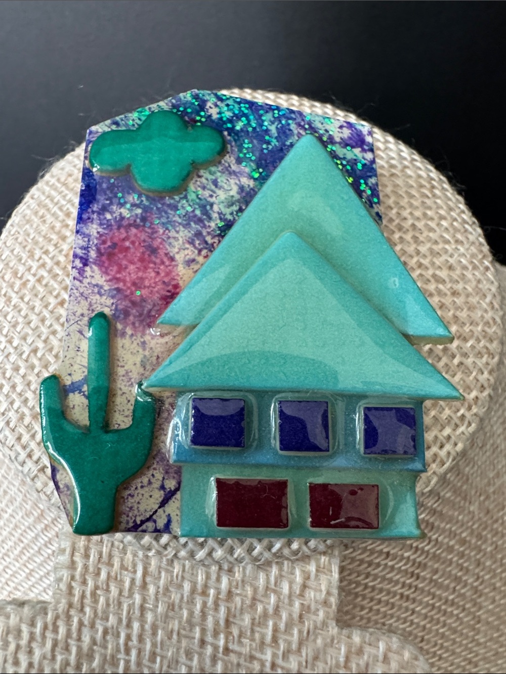 VTG House Pin by Lucinda Southwestern Desert House Brooch Cactus Moon Glitter